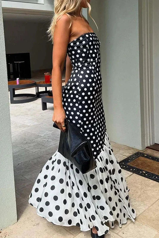 Elegant Split Polka Dot Printed Strapless High Waist Maxi Dress