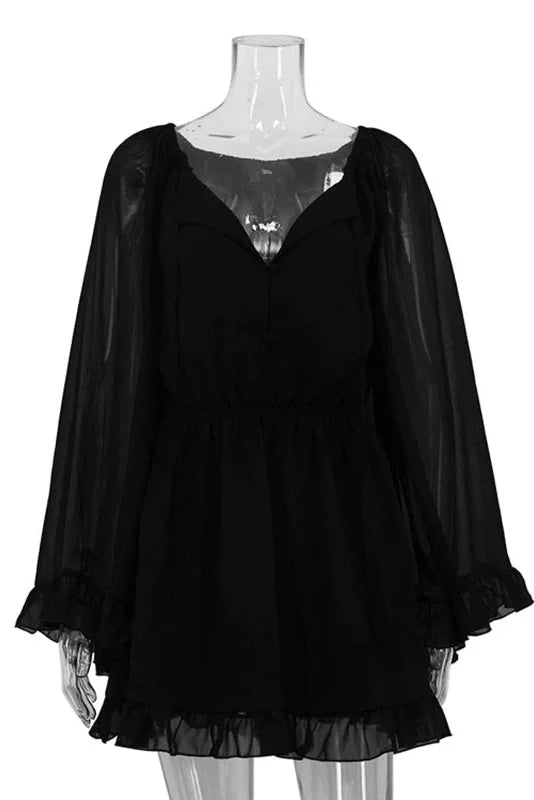 See-Through Long Sleeve Square Collar High Waist Pleated A-Line Mini Dress