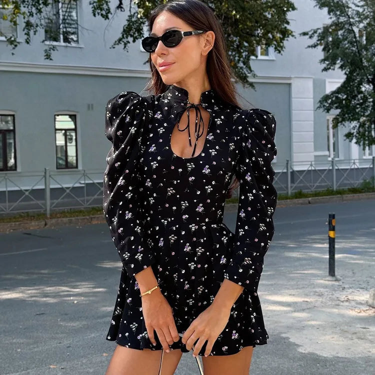 Printed Lace Up High Waist A-Line Mini Dress