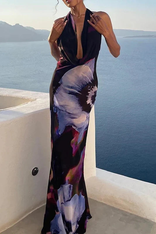 Elegant Deep V-Neck Sleeveless Backless Slim Printed Maxi Dress