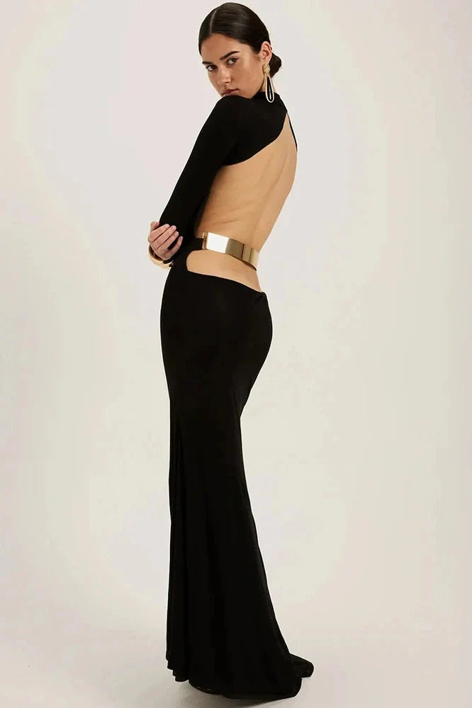 Backless Long Sleeve High Collar Bodycon Maxi Dress