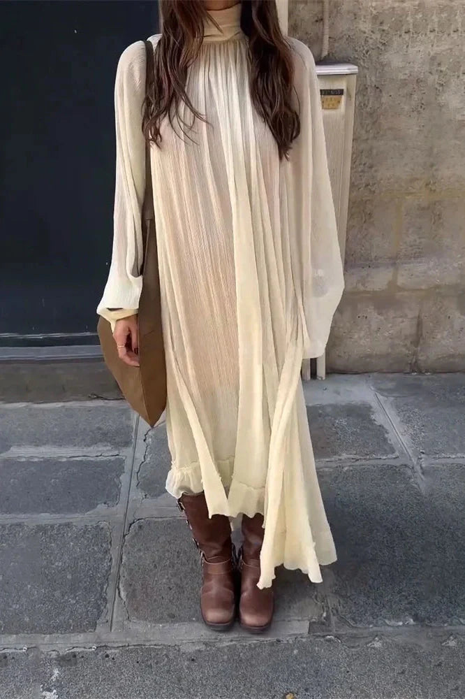 Lace-Up See-Through Pleated Bodycon Maxi Dress