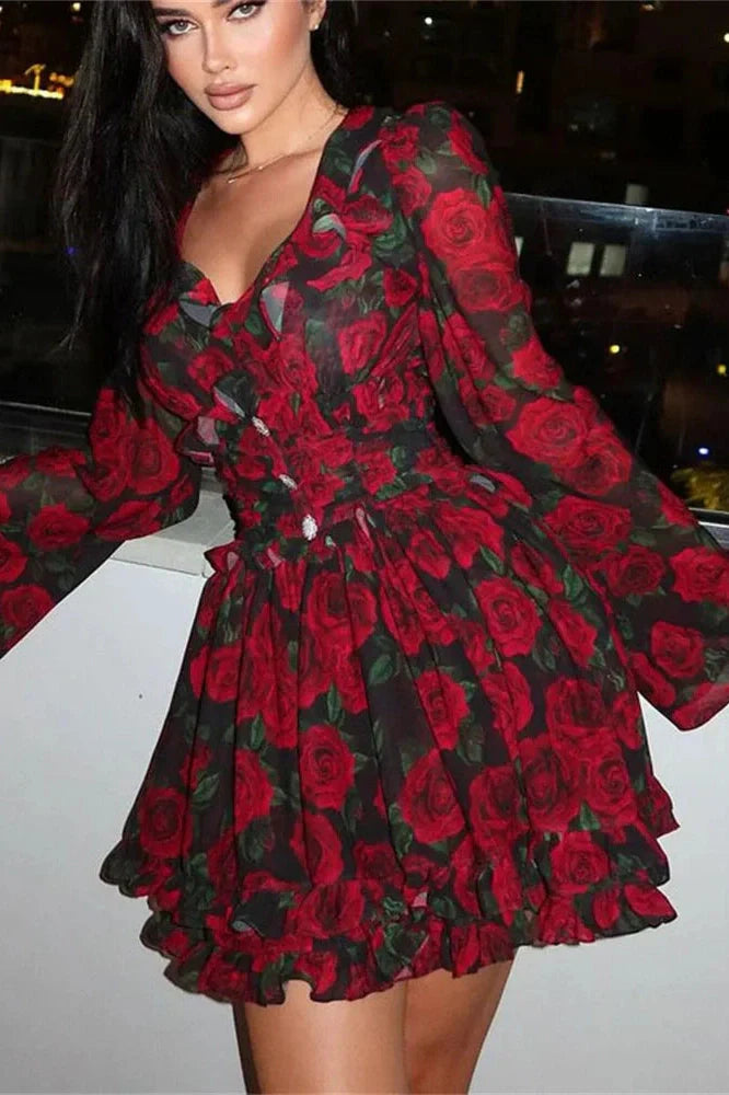 Printed V-Neck Patchwork Long Sleeve High Waist Mini Dress