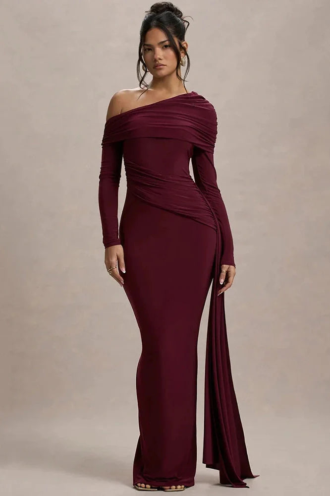 Skew Collar Long Sleeve Backless Bodycon Maxi Dress