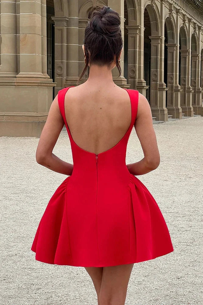 Backless High Waist O-Neck A-line Mini Dress
