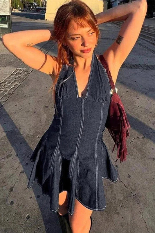 Elegant Pleated Sleeveless Backless Slim Mini Dress