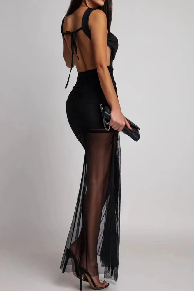 Hollow Out Sleeveless Slim High Waist O-Neck Backless Maxi Dress