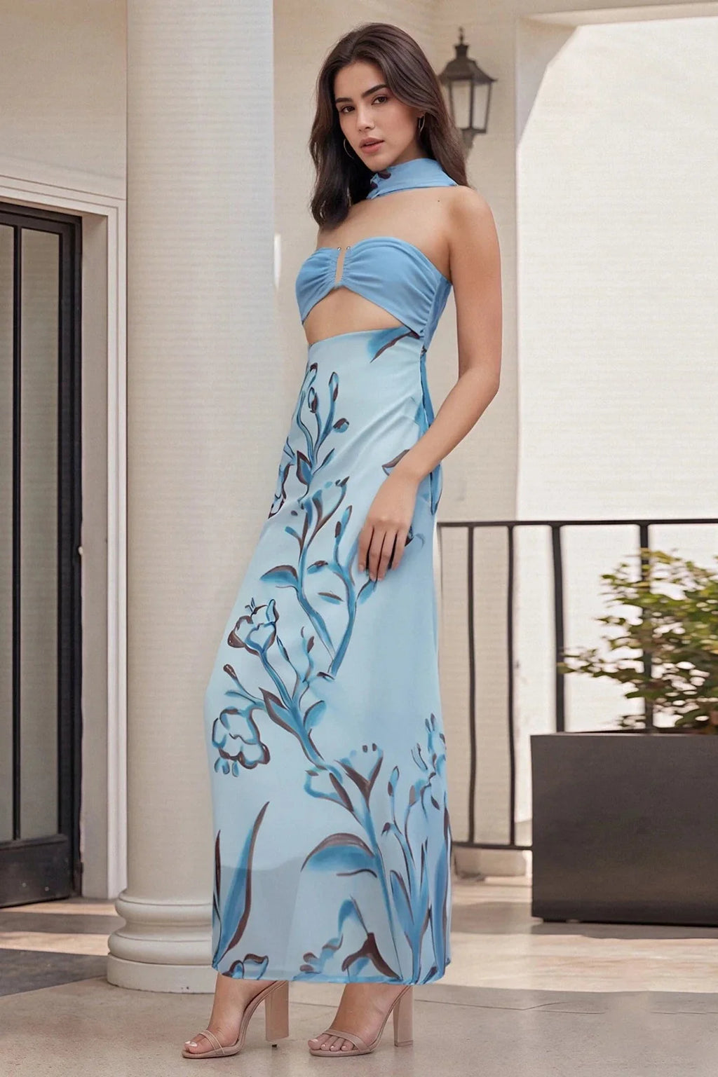 Floral Print Backless Strapless Maxi Dress