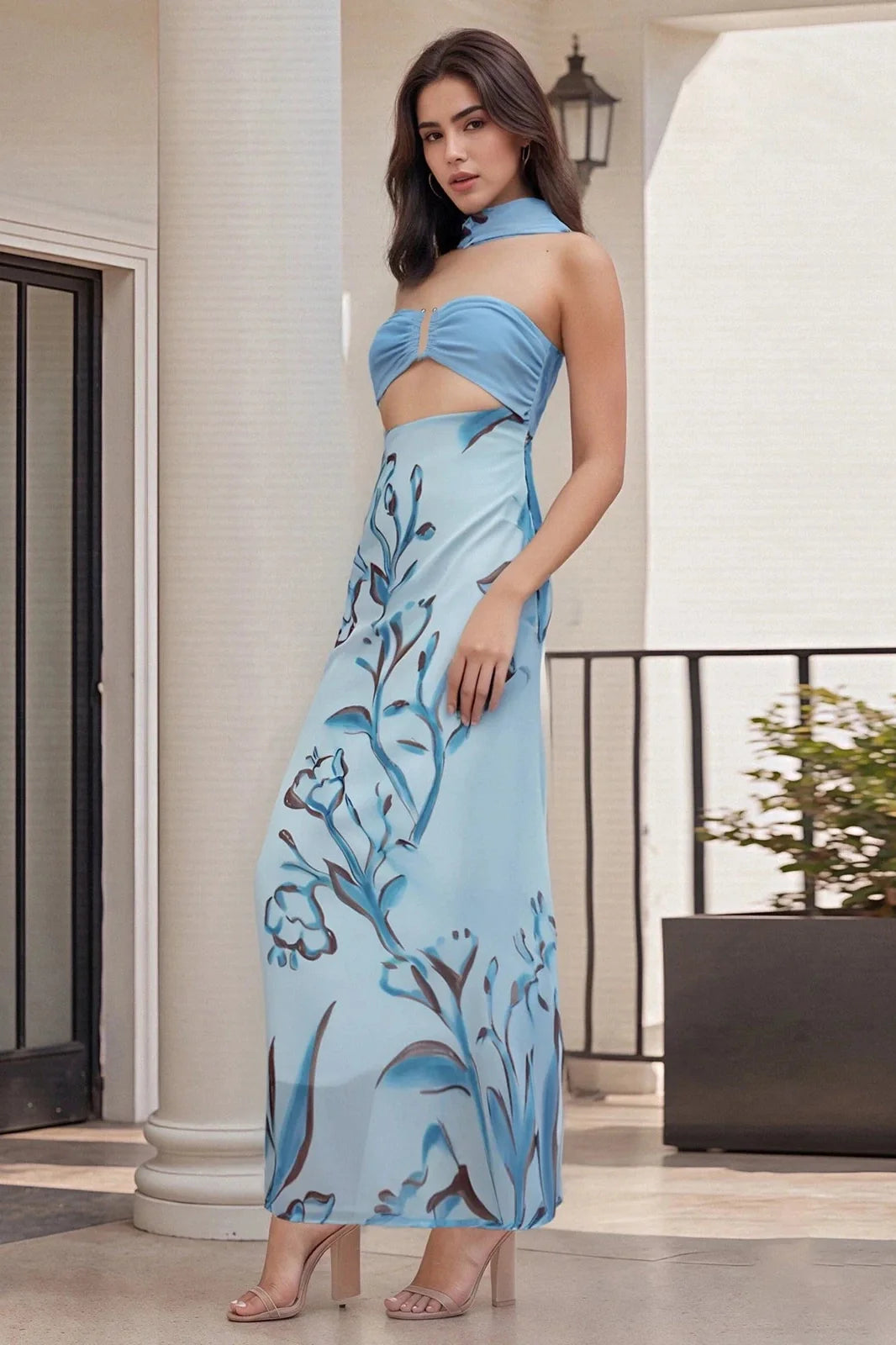 Floral Print Backless Strapless Maxi Dress