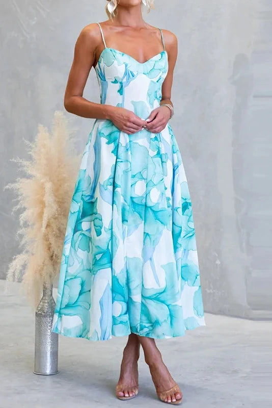 Floral Printed High Waist Sleeveless Pleated Midi Dress