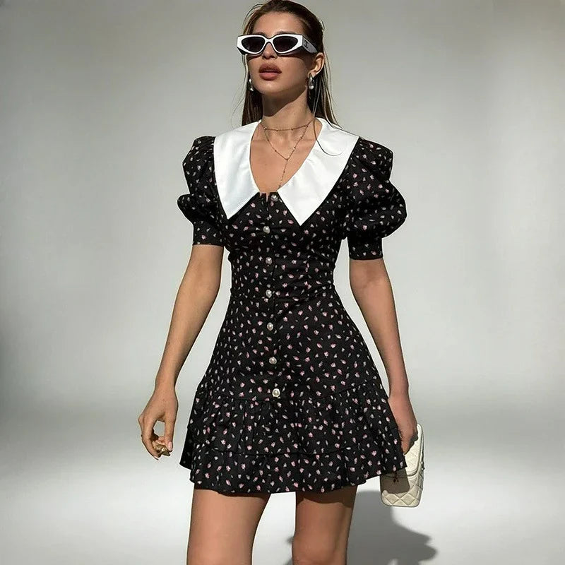V-Neck Print Patchwork High Waist Mini Dress