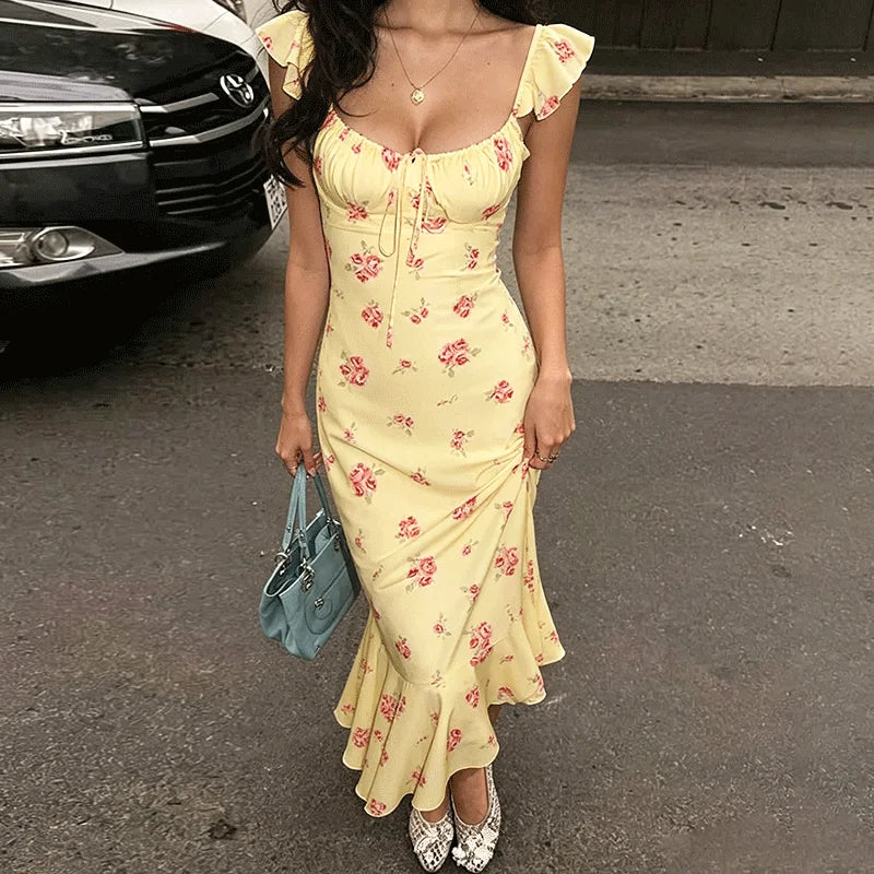 Floral Lace-Up Patchwork Backless Maxi Dress