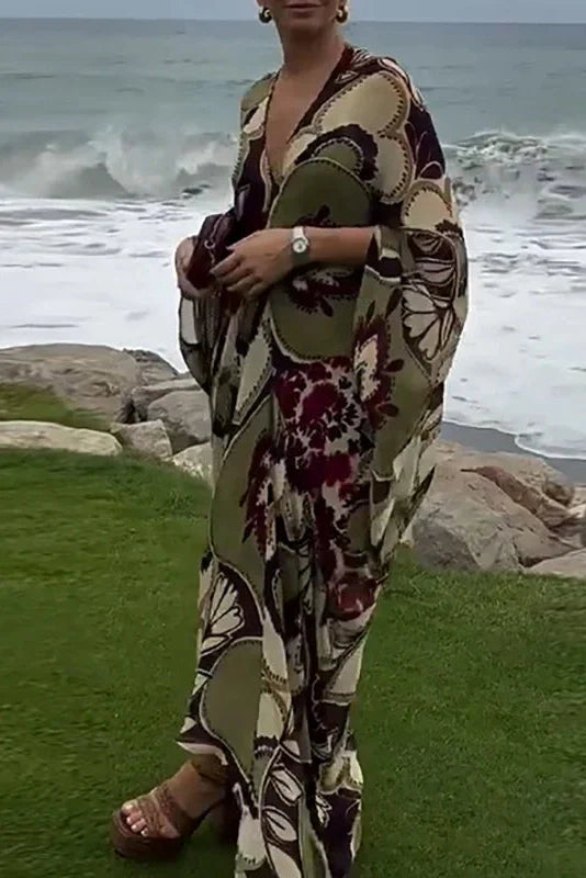 Sleeves Loose Pleated High Waist Printed V-Neck Maxi Dress