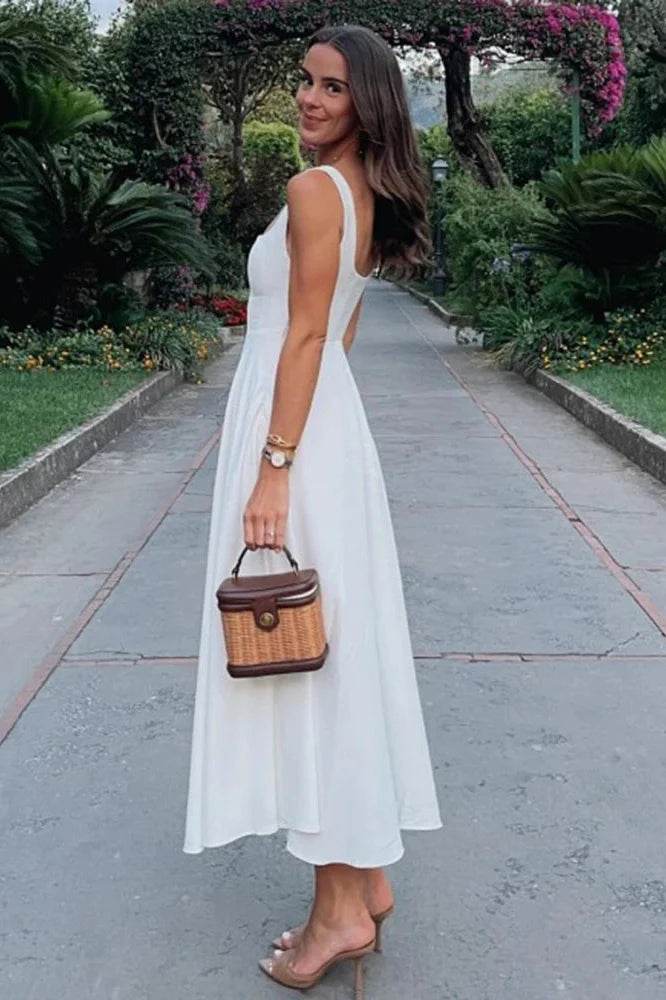 Sleeveless Square Collar High Waist A-Line Midi Dress
