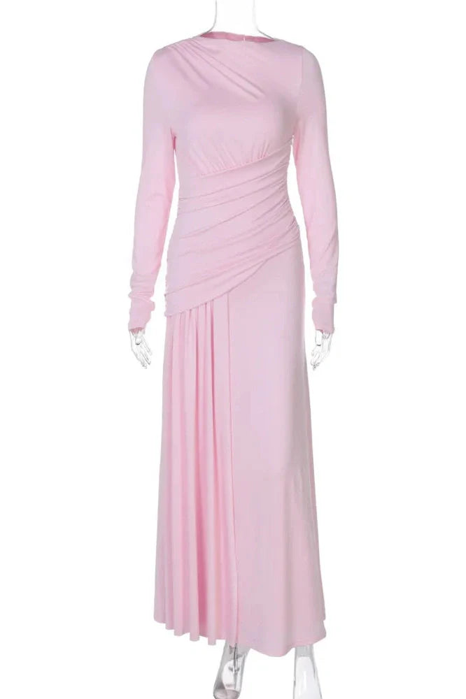 Slim Long Sleeve O Neck Patchwork Pleated Irregular Maxi Dress