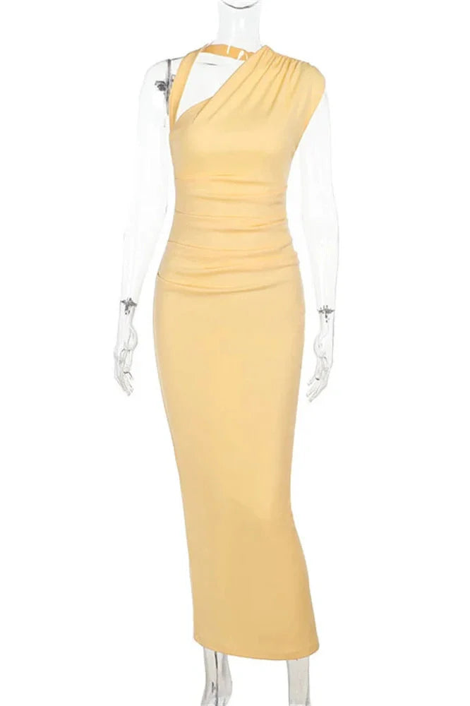 Pleated High Waist Slim Backless Maxi Dress
