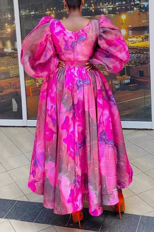 Square Collar Pleated High Waist Printed Long Sleeve Maxi Dress