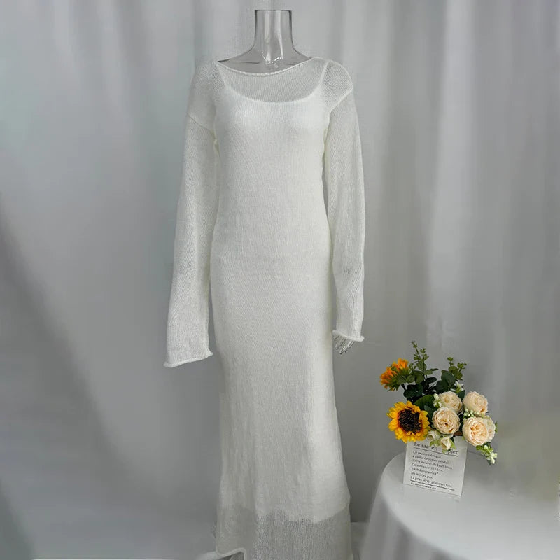 See Through Loose Long Sleeve Knitted Maxi Dress