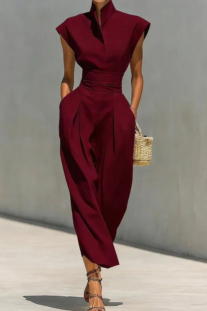 Elegant High Waist Slim Pleated Sleeveless Midi Dress