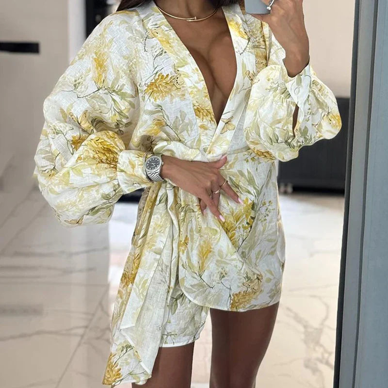 Printed V Neck Long Sleeve Lace Up Loose Mini Dress