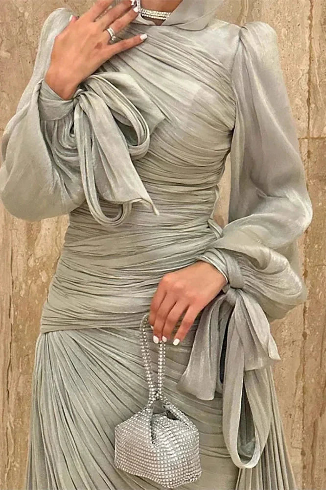Elegant Long Sleeve High Waist Pleated Slim Maxi Dress