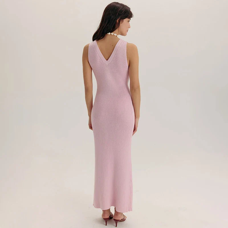 V-Neck Knitted Sleeveless Slim Maxi Dress