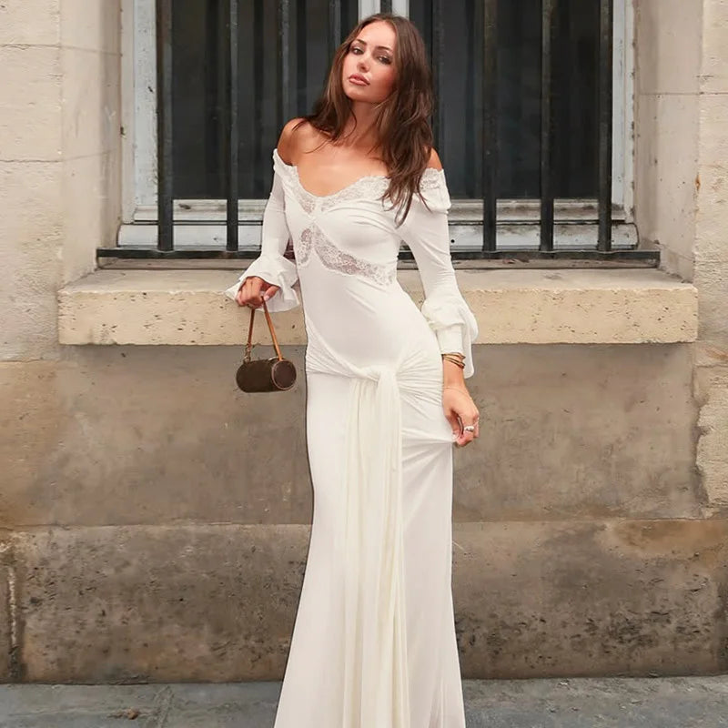 Elegant V-Neck Lace Lace-Up Patchwork Maxi Dress