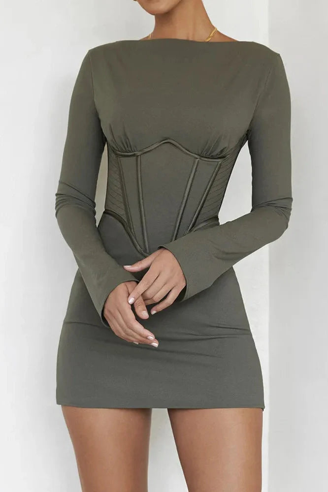 Full Sleeve O Neck Corset Backless Bodycon Mini Dress
