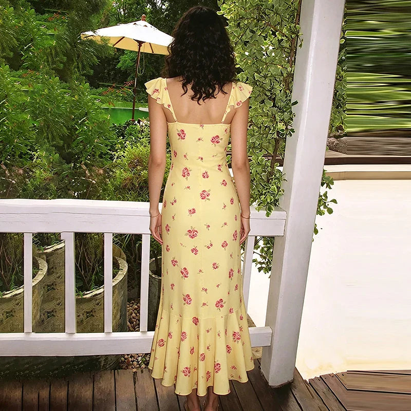 Printed Sleeveless Square Collar Slim Maxi Dress