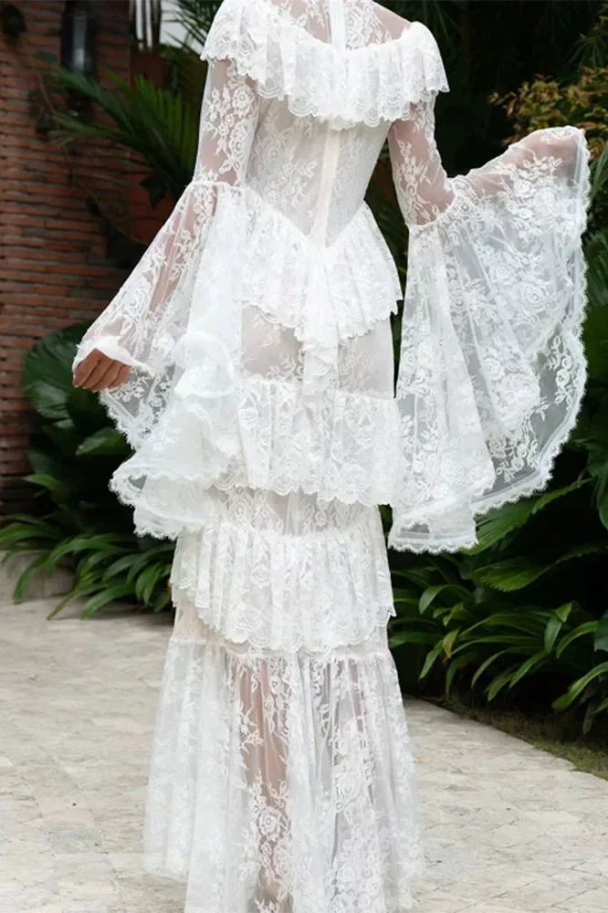 Long Sleeve Lace Embroidery High Waist Maxi Dress