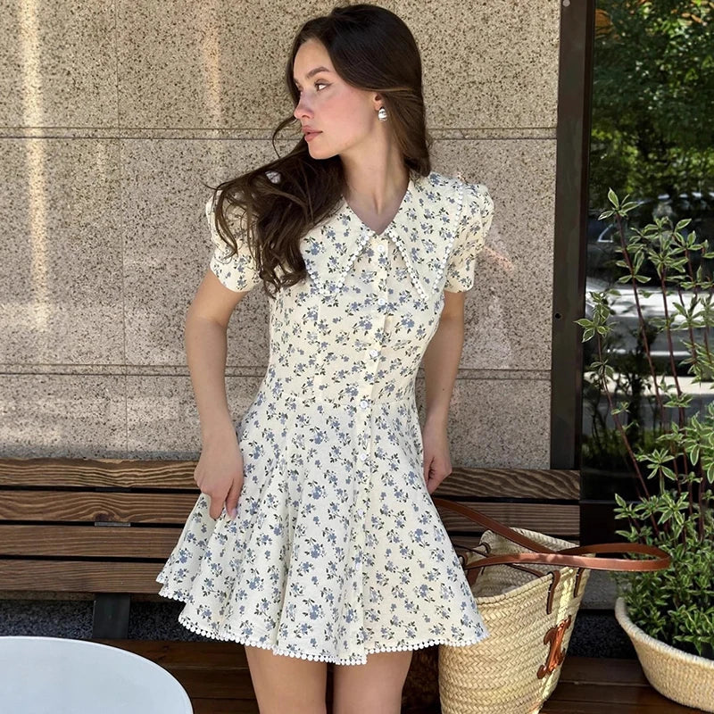 Printed Short Sleeve Slim Single Breasted Mini Dress