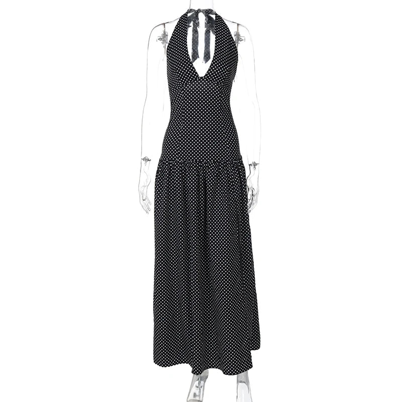 Polka Dot V Neck Lace Up Backless Slim Maxi Dress