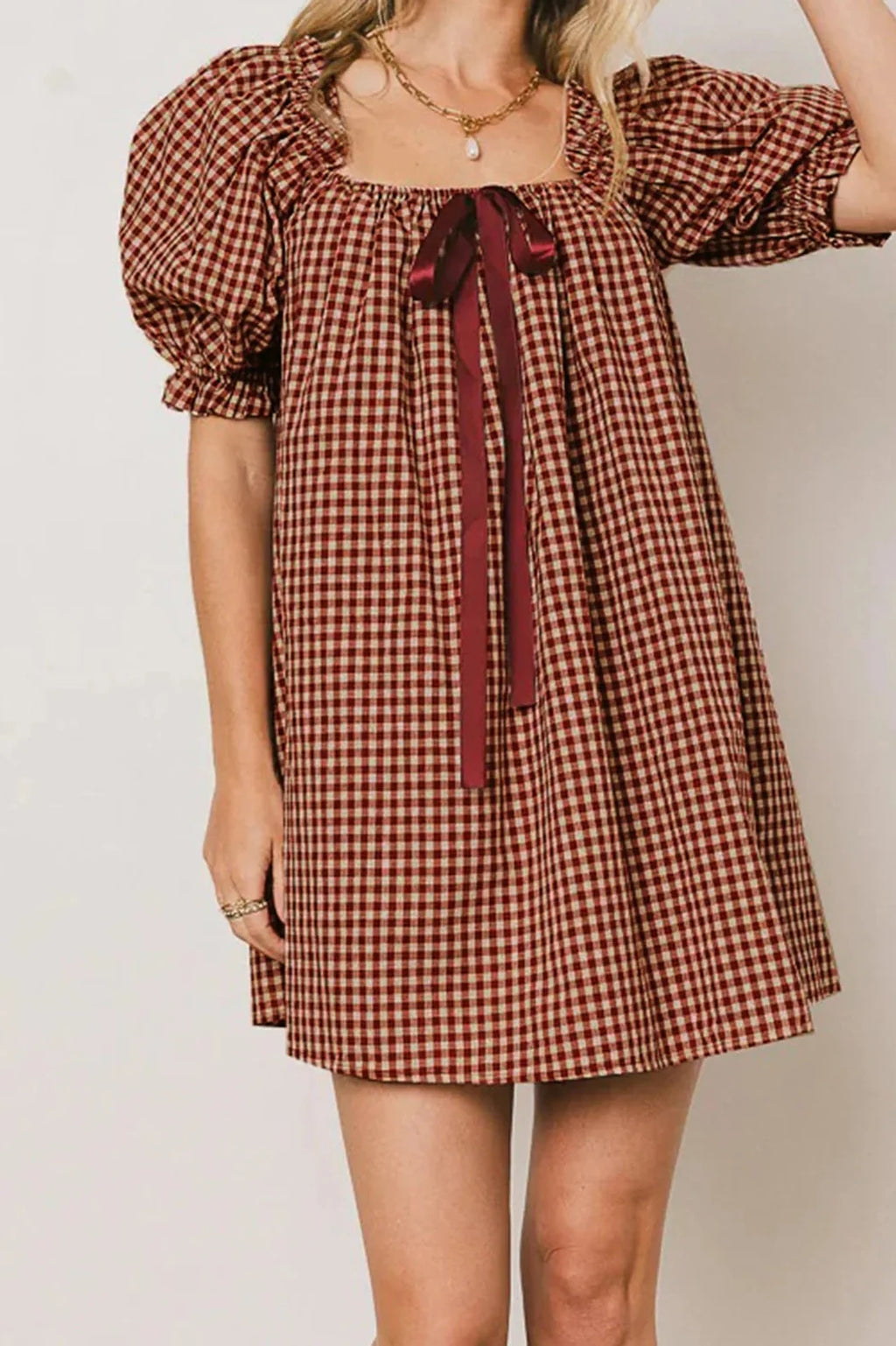 Plaid Loose Square Neck Puff Sleeve Mini Dress