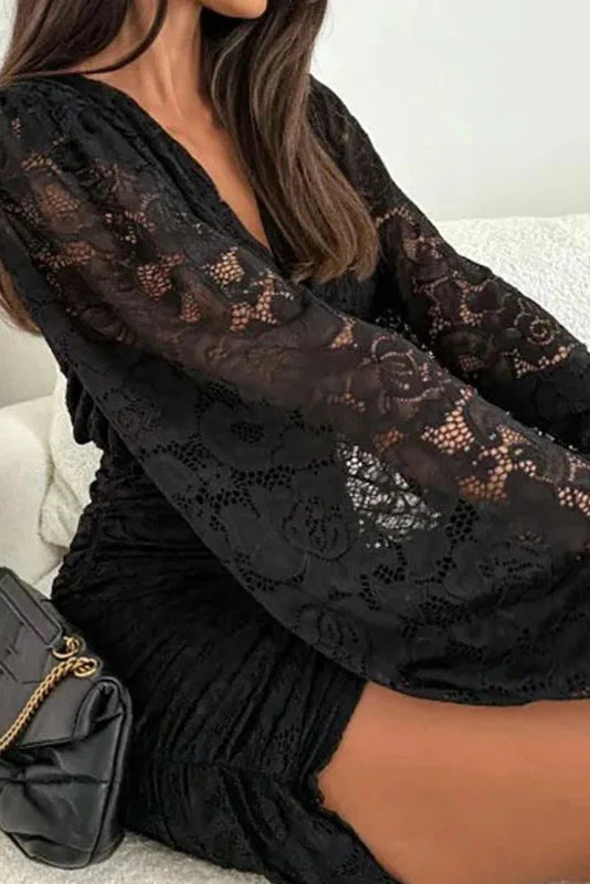 Elegant Slim High Waist Pleated Lace V-Neck Long Sleeve Mini Dress