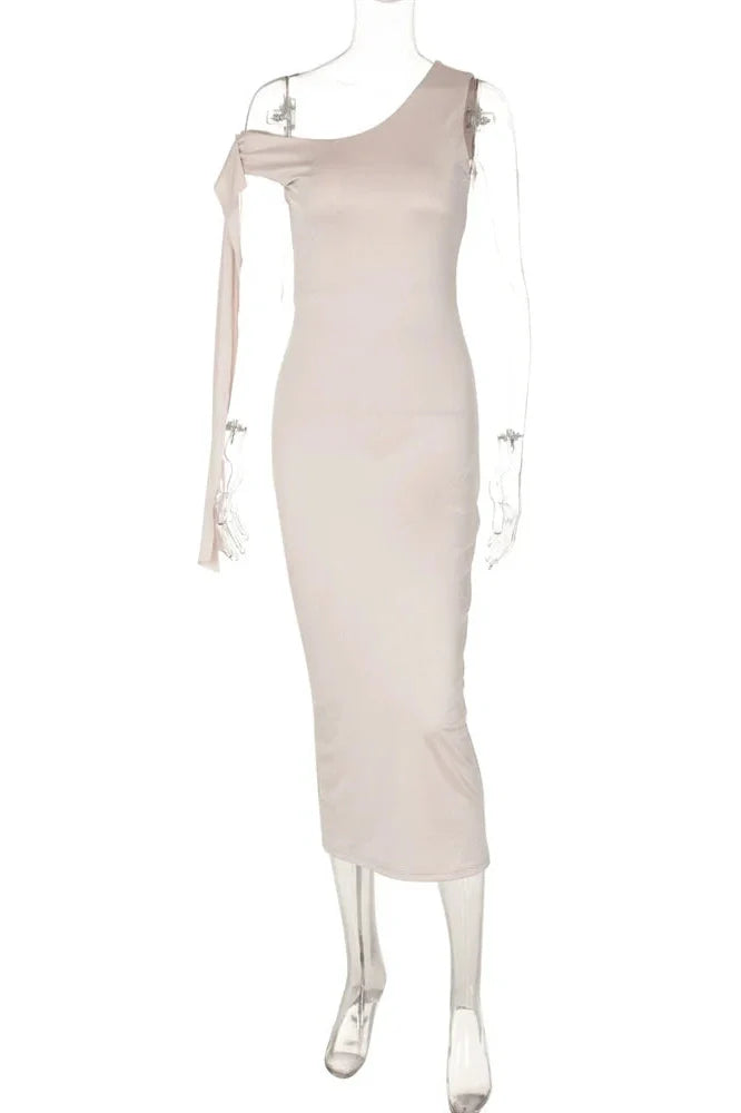 One-Shoulder Patchwork Slim Sleeveless Midi Dress