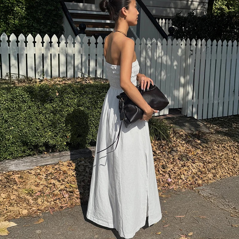Strapless Off Shoulder High Waist Pleated Maxi Dress
