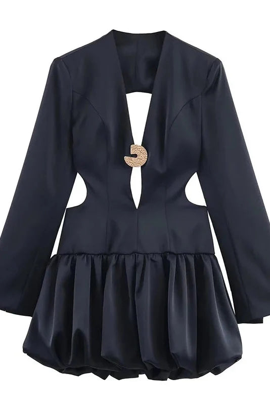 Hollow Out Pleated Backless Long Sleeve Slim High Waist Mini Dress