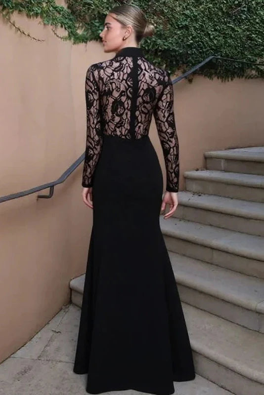 Lace Slim See-Through Long-Sleeved High-Waisted Maxi Dress