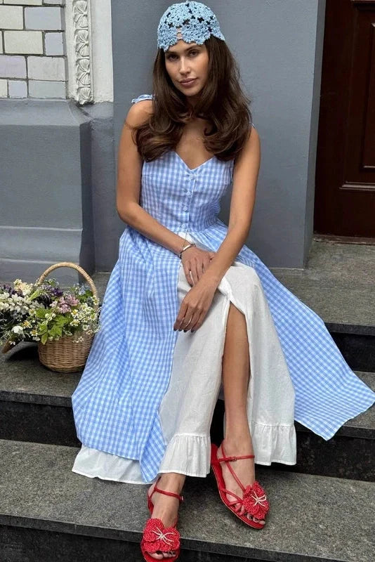 Elegant Plaid Patchwork Two-Piece Single-Breasted Midi Dress
