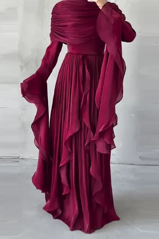 Elegant O-Neck High Waist Pleated Irregular Maxi Dress