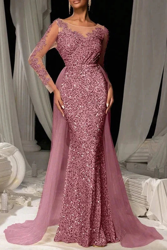 Elegant High Waist Long Sleeve Slim V-Neck Lace Maxi Dress