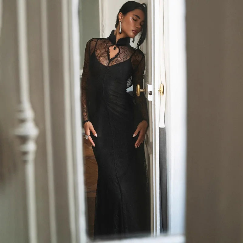 Lace Hollow Out See Through Patchwork High Waist Maxi Dress