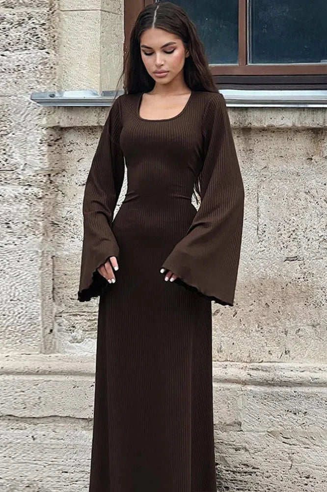 Lace-up Long Sleeve Bodycon Maxi Dress
