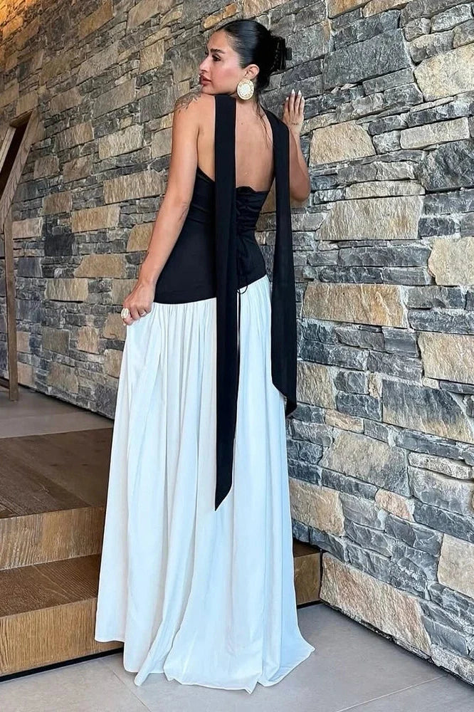 Elegant Slim Lace Up Strapless Irregular Maxi Dress