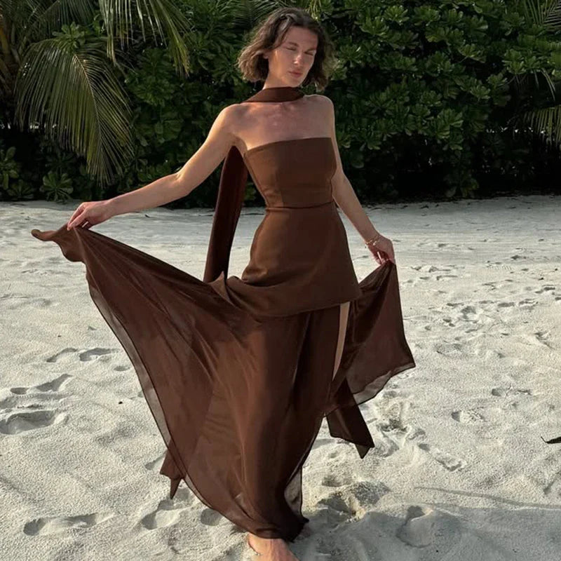 Elegant Strapless Sleeveless Maxi Dress
