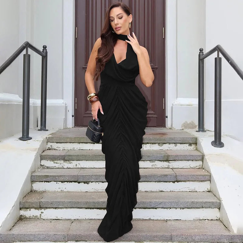 Elegant Scarf Collar Backless Patchwork High-Waist Maxi Dress