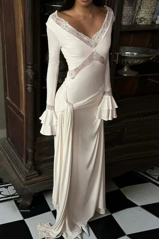 Lace V-Neck Sleeves Patchwork Slim Maxi Dress