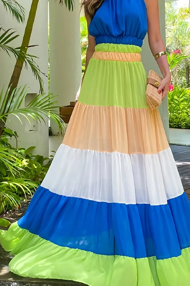 Hollow Out High Waist Pleated Sleeveless Maxi Dress