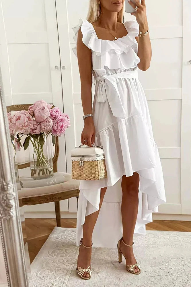 Lace Up U Collar Sleeveless High Waist Irregular Maxi Dress