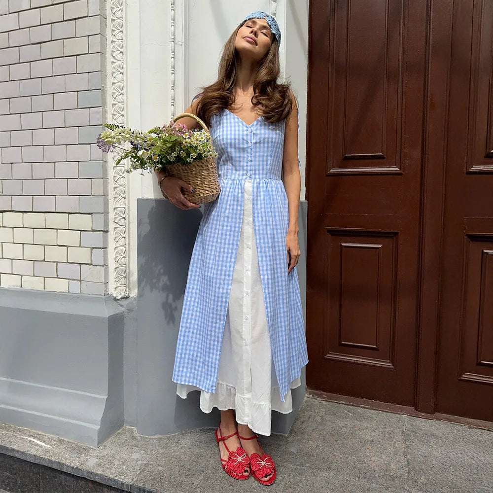 Plaid Printed Single Breasted Maxi Dress
